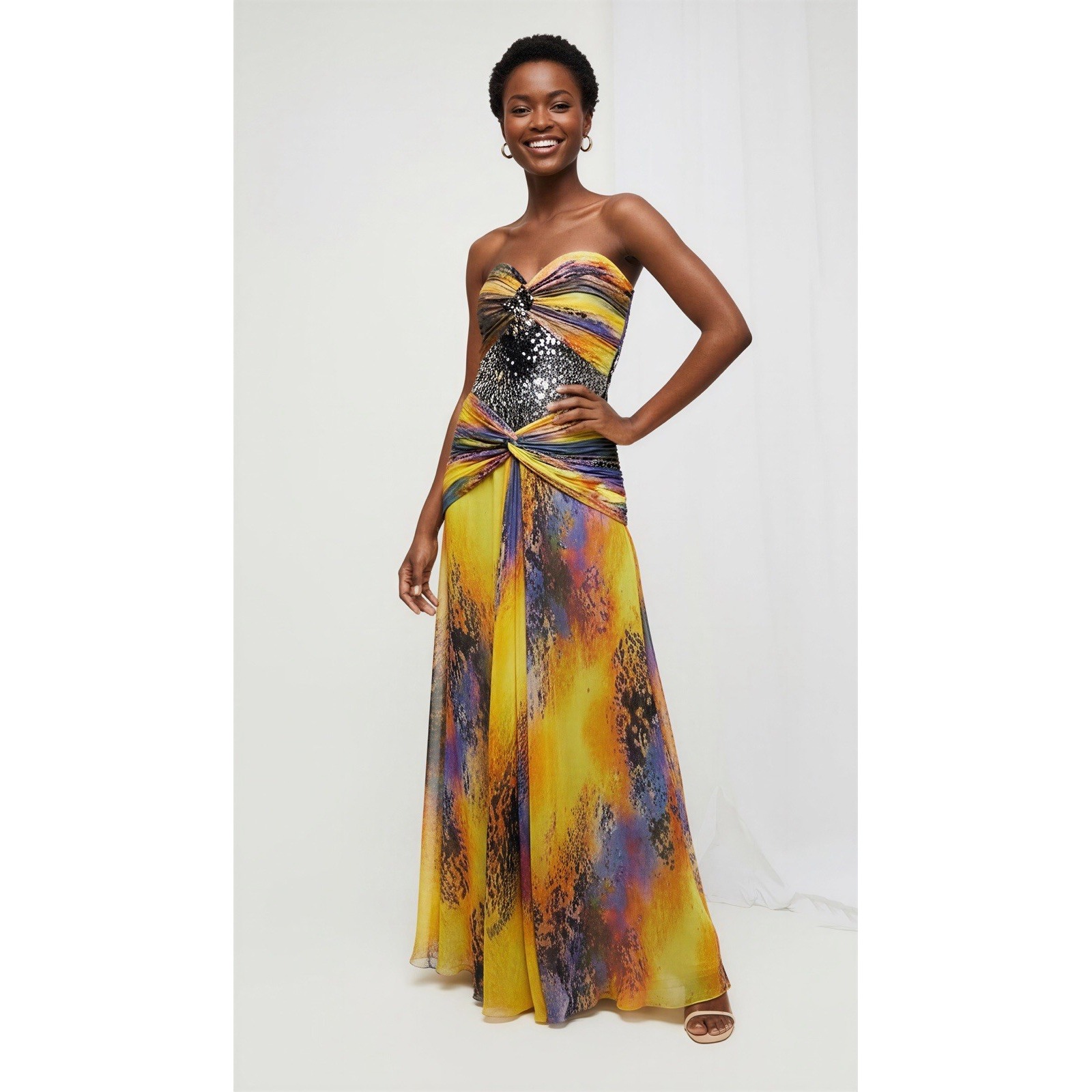 Tony Bowls Women's Strapless A-Line Multi-Color Chiffon Sequin Maxi Dress Sz 4